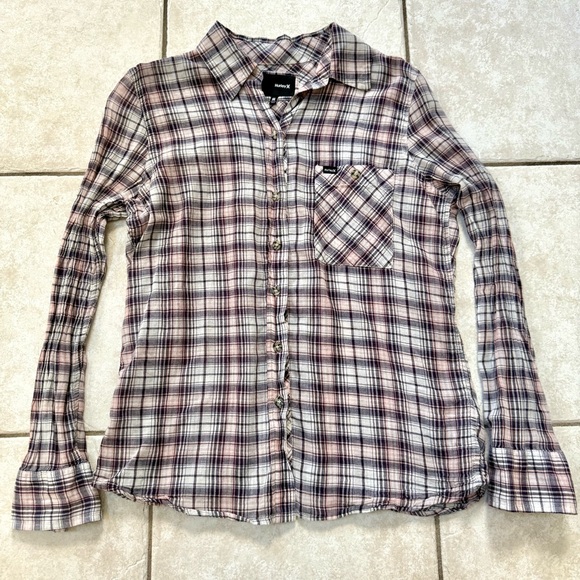 Hurley Lightweight Pink/Purple/White Plaid Button Down Blouse - Picture 3 of 11